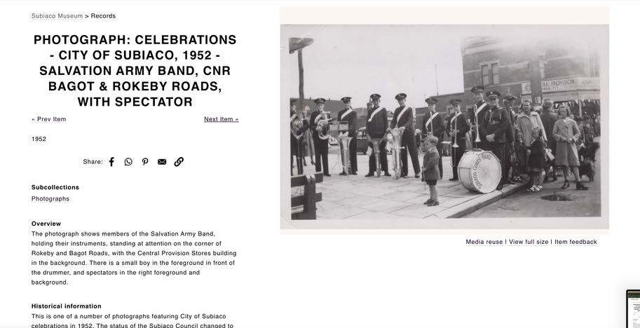 Archival reference reproduced in the project notes: the Salvation Army band standing at the corner of Bagot and Rokeby Roads in 1952.